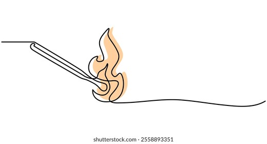 Continuous one line drawing of burning match. simple burning match stick line art vector illustration. Editable stroke, one continuous line drawing of match sticks.one line drawing of burning wooden. 