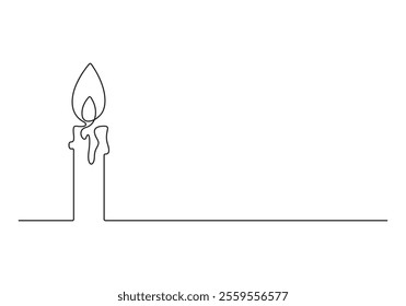 Continuous one line drawing of burning fire candle. Single line candlelight icon isolated on a white background. Hand-draw candlelight flame vector illustration