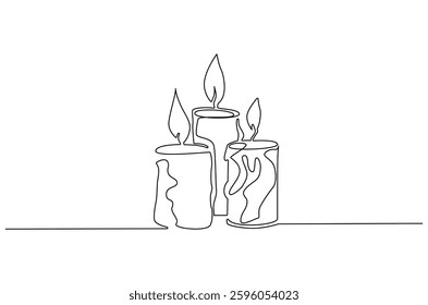 Continuous one line drawing of Burning candle. Single line drawing illustration of wax or candle. Home decoration and aromatic concept vector art. Doodle line illustration.
