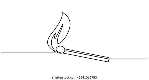Continuous one line drawing of burning match. Burning one line continuous hand drawn doodle icon. simple burning match stick line art vector illustration. Editable stroke.