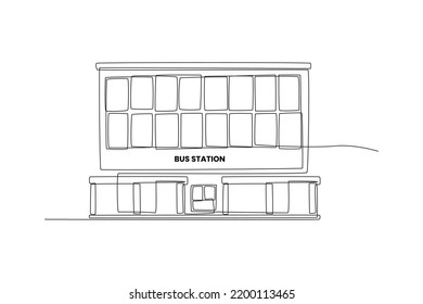 Kontinuierlich eine Linie ziehende Busstation. Bau- und Bürokonzept. Einzeilige Zeichnung, Vektorgrafik.