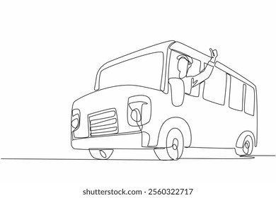 Continuous one line drawing the bus driver sticks out part of his body while making a thumbs up gesture. Dedication. School Bus Driver Appreciation Day. Single line draw design vector illustration