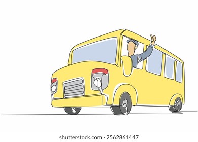 Continuous one line drawing the bus driver sticks out part of his body while making a thumbs up gesture. Dedication. School Bus Driver Appreciation Day. Single line draw design vector illustration