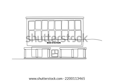 Continuous one line drawing bus station. Building and office concept. Single line draw design vector graphic illustration.