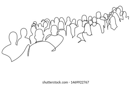 Continuous one line drawing of business people standing in a queue. Concept for web page, banner, presentation, social media. Group of people waiting in line, migration vector illustration
