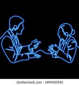 Continuous one line drawing business conversation icon neon glow vector illustration concept
