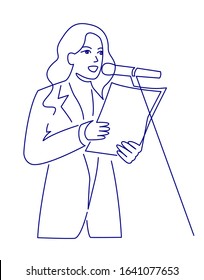 Continuous one line drawing of business coach talking before audience. A woman scientist in a jacket reads a report at a scientific conference in front of a microphone vector illustration