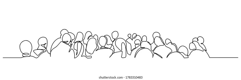 Continuous one line drawing of business people standing in a queue. Concept for web page, banner, presentation, social media. Group of people waiting in line, migration vector illustration.