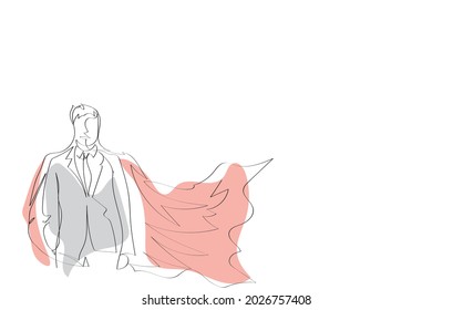 Continuous one line drawing of Business handsome male worker fly using superhero wing. 
