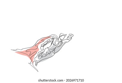 Continuous one line drawing of Business handsome male worker fly using superhero wing. 