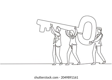 Continuous one line drawing business team holding and carrying big key to unlock the lock. Cooperative teamwork, collaborative business concept. Single line draw design vector graphic illustration