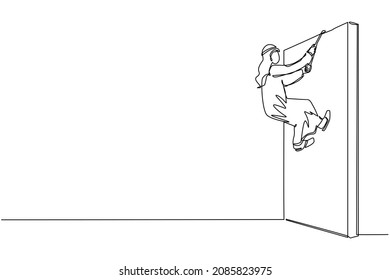 Continuous one line drawing business determination concept with Arabian businessman climbing over wall with rope. Ambition, motivation, career growth, success, strength. Single line draw design vector