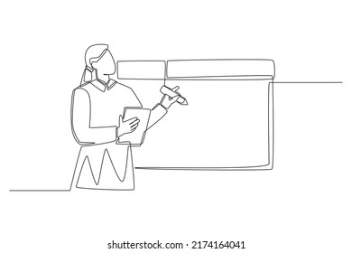 La mujer de negocios que dibuja una línea de forma continua realiza un flujo de trabajo de planificación en la pizarra. Concepto de flujo de trabajo.  Ilustración gráfica vectorial de diseño de líneas simples.