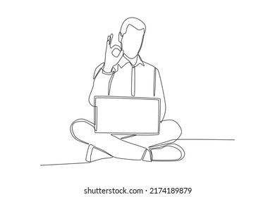 Continuous one line drawing business sit down with notebook and raise hand ok. Single line draw design vector graphic illustration.