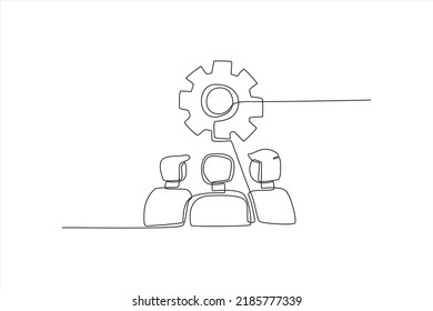 Continuous one line drawing business team looking at gear system working for business operation. Training and workshop concept. Single line draw design vector graphic illustration.