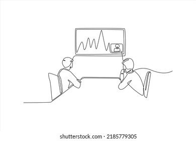 Continuous one line drawing Business team meeting and analysis graph in screen. Training and workshop concept. Single line draw design vector graphic illustration.