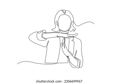 Continuous one line drawing . Business woman showing a timeout gesture hand, needs stop, Timer concept. Single line draw design vector graphic illustration. svg