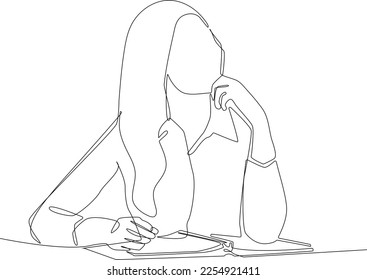 Continuous one line drawing business woman thinking about business next plan. Project planning concept. Single line draw design vector graphic illustration.