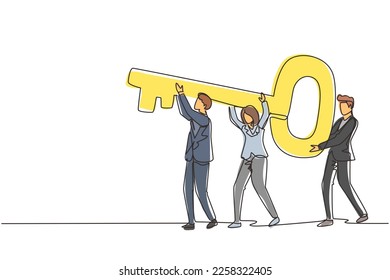 Continuous one line drawing business team holding and carrying big key to unlock the lock. Cooperative teamwork, collaborative business concept. Single line draw design vector graphic illustration