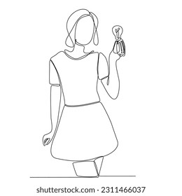 Continuous one line drawing of business woman holding idea light bulb. Smart and successful people vector illustration.