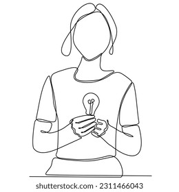 Dibujo continuo de una línea de una mujer de negocios con bombilla de ideas. Ilustración vectorial de personas inteligentes y exitosas.