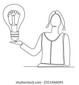 Continuous one line drawing of business woman holding idea light bulb. Smart and successful people vector illustration.