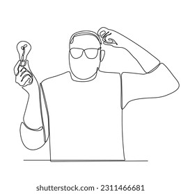Continuous one line drawing of business man holding idea light bulb. Smart and successful people vector illustration.