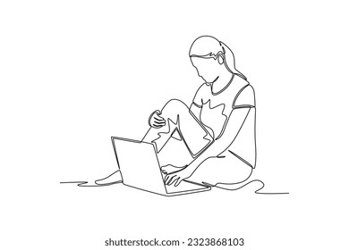Kontinuierlich eine Zeile Zeichnung Geschäftsfrau sitzend und mit Laptop. Einzeilige Zeichnung, Vektorgrafik.