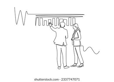 Continuous one line drawing business concepts of analytics, planning, marketing research, work communication, goal settings. Single line draw design vector graphic illustration.