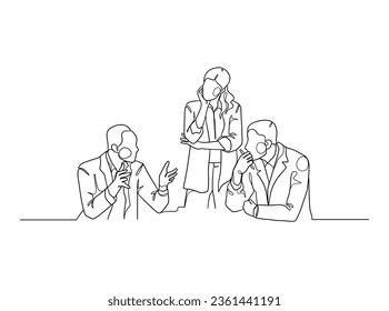 Continuous one line drawing of business people teamwork. Vector illustration.