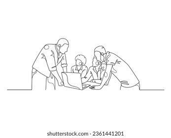 Continuous one line drawing of business people teamwork. Vector illustration.
