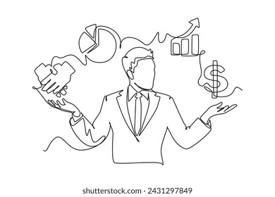 Continuous one line drawing Business icons are floating above head concept. Doodle vector illustration.