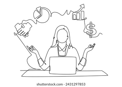 Continuous one line drawing Business icons are floating above head concept. Doodle vector illustration.
