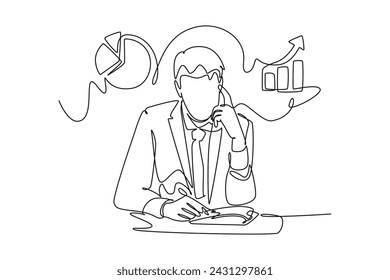 Continuous one line drawing Business icons are floating above head concept. Doodle vector illustration.