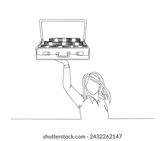 Continuous one line drawing of business woman holds suitcase with full of money. Holding money in the suitecase single outline vector illustration. Editable stroke.