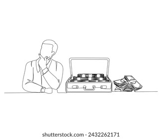 Continuous one line drawing of business man and suitcase with full of money. Rich man with money in the suitecase single outline vector illustration. Editable stroke.