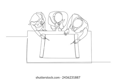 Continuous one line drawing of business people discussing about blueprint paper on table from top view, business discussion, project planning concept, single line art.