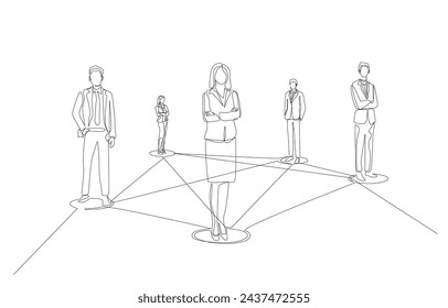 Continuous one line drawing of business people connected by lines, business networking and connection concept, single line art.