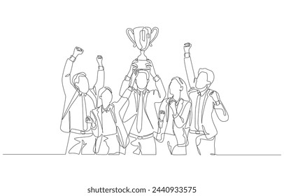 Continuous one line drawing of business people celebrating with trophy, team success concept, single line art.