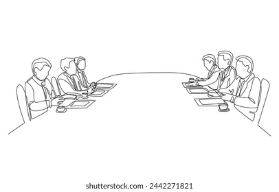 Dibujo continuo de una línea de representantes de negocios negociando en la mesa, negociación de negocios, acuerdo o concepto de acuerdo, arte de una sola línea.