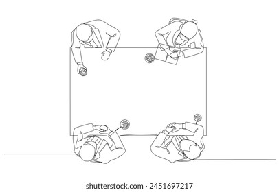 Continuous one line drawing of business people talking during coffee break, casual business conversation during break in meeting concept, single line art.