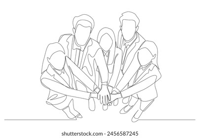 Continuous one line drawing of business people joining hands before starting project or group work, business teamwork, cooperation concept, single line art.