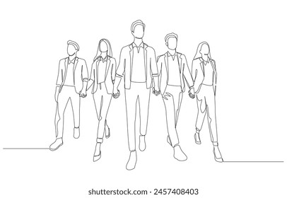 Continuous one line drawing of business team holding hands moving forward, business teamwork concept, single line art.