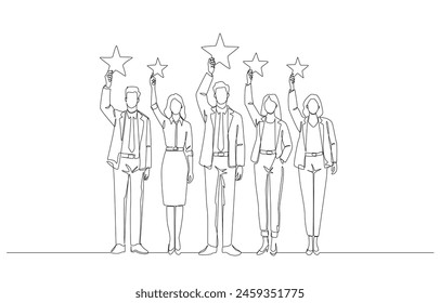 Continuous one line drawing of business team raising stars, high quality business team, teamwork with best performance concept, single line art.