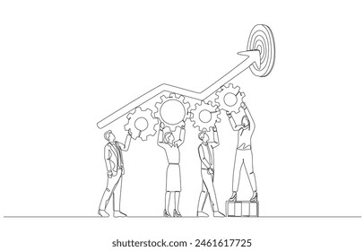 Continuous one line drawing of business people connecting cogwheels to make arrow reach target, managing team workflow to achieve goal concept, single line art.