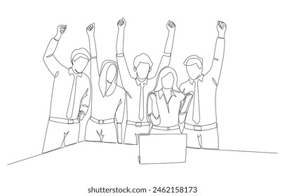 Continuous one line drawing of business people raising hands for celebration in front of laptop, team celebrating after finishing work or project concept, single line art.