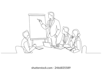 Dibujo continuo de una línea del gerente de negocios dando presentación del Plan de marketing para los miembros del equipo, concepto de reunión de negocios, arte de una sola línea.