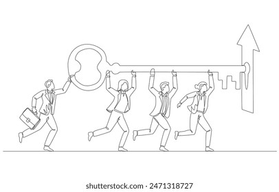 Continuous one line drawing of business people helping each other insert key into open keyhole of up arrow, key to business team success concept, single line art.