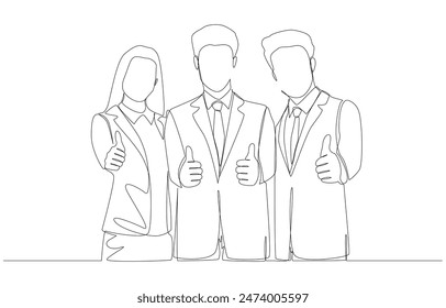 Continuous one line drawing of business team giving thumbs up gesture, business teamwork, collaboration concept, single line art.