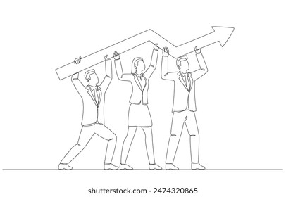 Continuous one line drawing of business team holding rising graph, cooperation for business growth, collaboration concept, single line art.